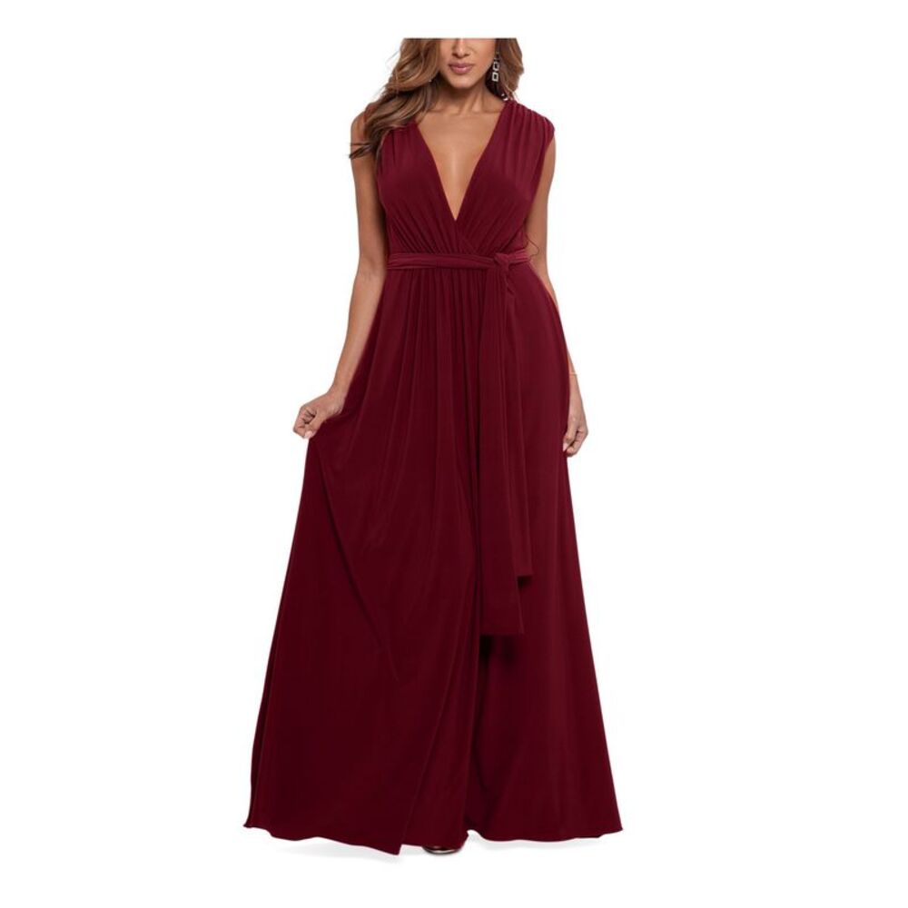AQUA FORMAL Womens Burgundy Self-tie Belt High Slit Sleeveless Formal Dress 4